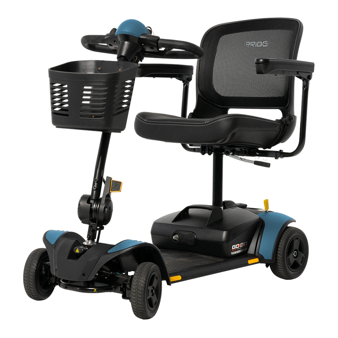 The Pride Mobility Go Go Elite Traveller® 2 Platinum Scooter is a compact black and blue 3-wheel travel scooter featuring EZ Turn technology, a mesh seat back, armrests, and a front basket for accessible personal transportation.